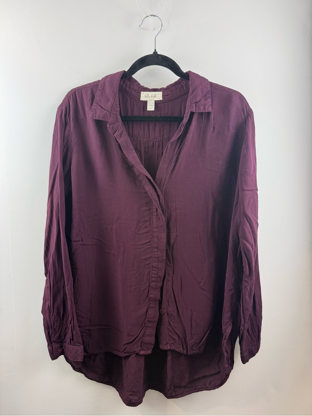 Bella Dahl Plum Burgundy Rayon Split Back Button Down Blouse Large